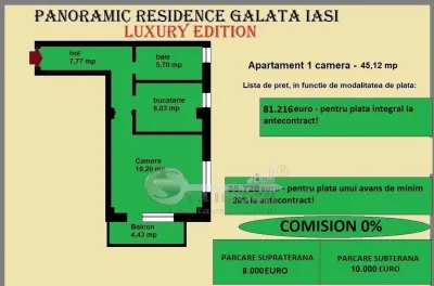 Apartament 1 camera de vanzare in Iasi, Galata, 45,12 mp, baie cu geam - foto 2
